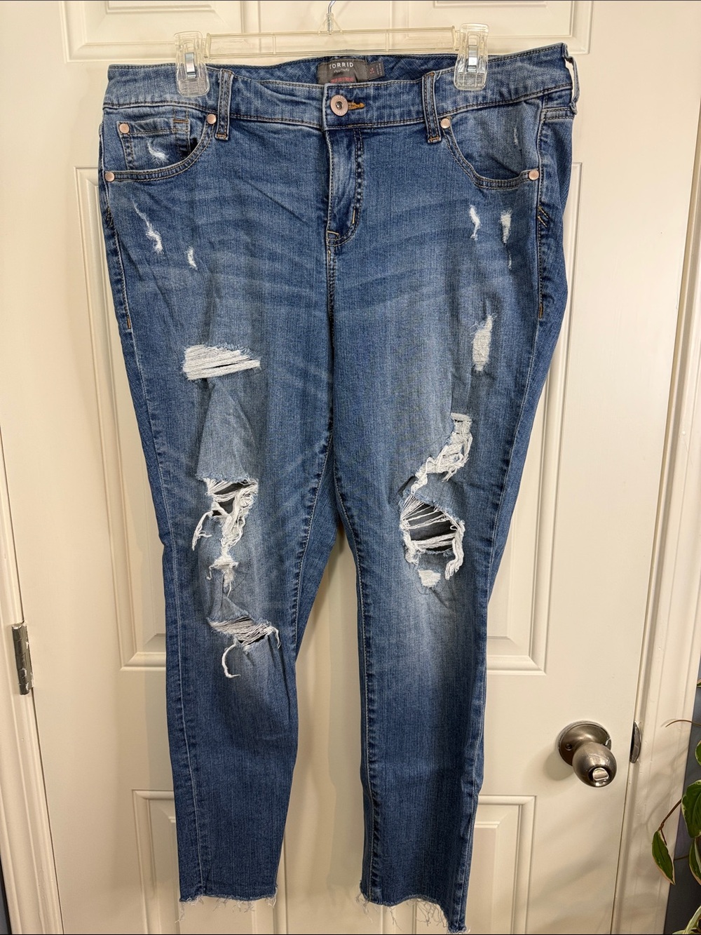 torrid Distressed Boyfriend Crop Skinny Jeans with Raw Hem in Blue Wash